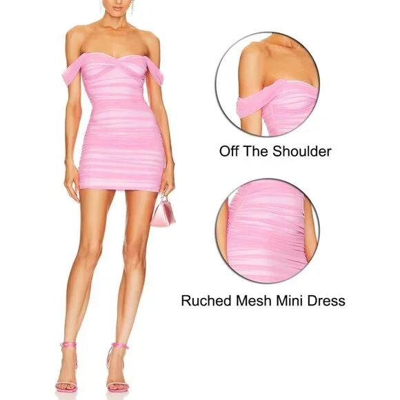 Women Off Shoulder Bodycon Mesh Mini Dress Slim Fit Casual Prom Night - Picture 4 of 6